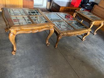 Set of 3 PCs. Solid Wood Coffee Table and Side tables With Beveled Glass Tops With Brass Dividers; So Elegant in the Living Room