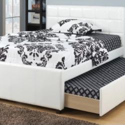Brand New White Leather Full Bed Frame w Twin Trundle Bed 