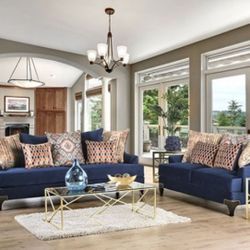 Brand New Navy Small Weave Chenille Sofa And Love Seat 