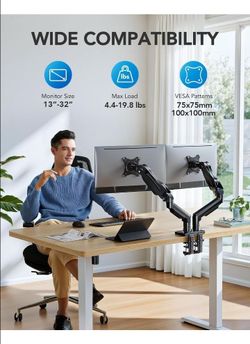 HUANUO FlowLift™ Dual Monitor Stand, Fully Adjustable Gaming Monitor Desk Mount for 13–32″ Computer Screens, Full Motion VESA 75x75/100x100 with C-Cla