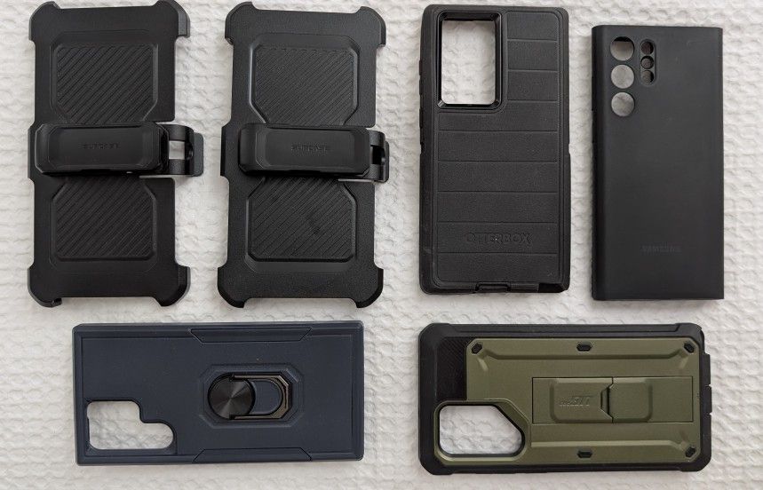 Galaxy S22 Ultra 5x cases, OtterBox, Supcase, S-View flip, clip/holster bundle