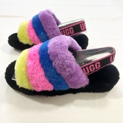 NIB UGG Womens Size 8 Slippers Black Colorful Fluff Yeah Slide Sandals Shoes