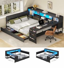 Corner Bed Frame Full with Storage and Desk & 7 Bookcases, with Upholstered Headboard,4 Drawers,1 Bedside Organizer,LED Lights and Charging Station ,F