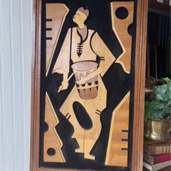 Mid-Century Folk Art Hand Carved Wood Frames Plaque Drummer Man On Black Velvet