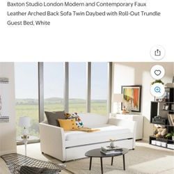 Baxton Studio London Modern and Contemporary Faux Leather Arched Back Sofa Twin Daybed with Roll-Out Trundle Guest Bed, White