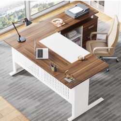 Tribesigns 63 Inch Executive Desk with File Cabinet, L Shaped Office Desk with Drawers and Storage Shelves, Business Furniture Set Workstation for Hom