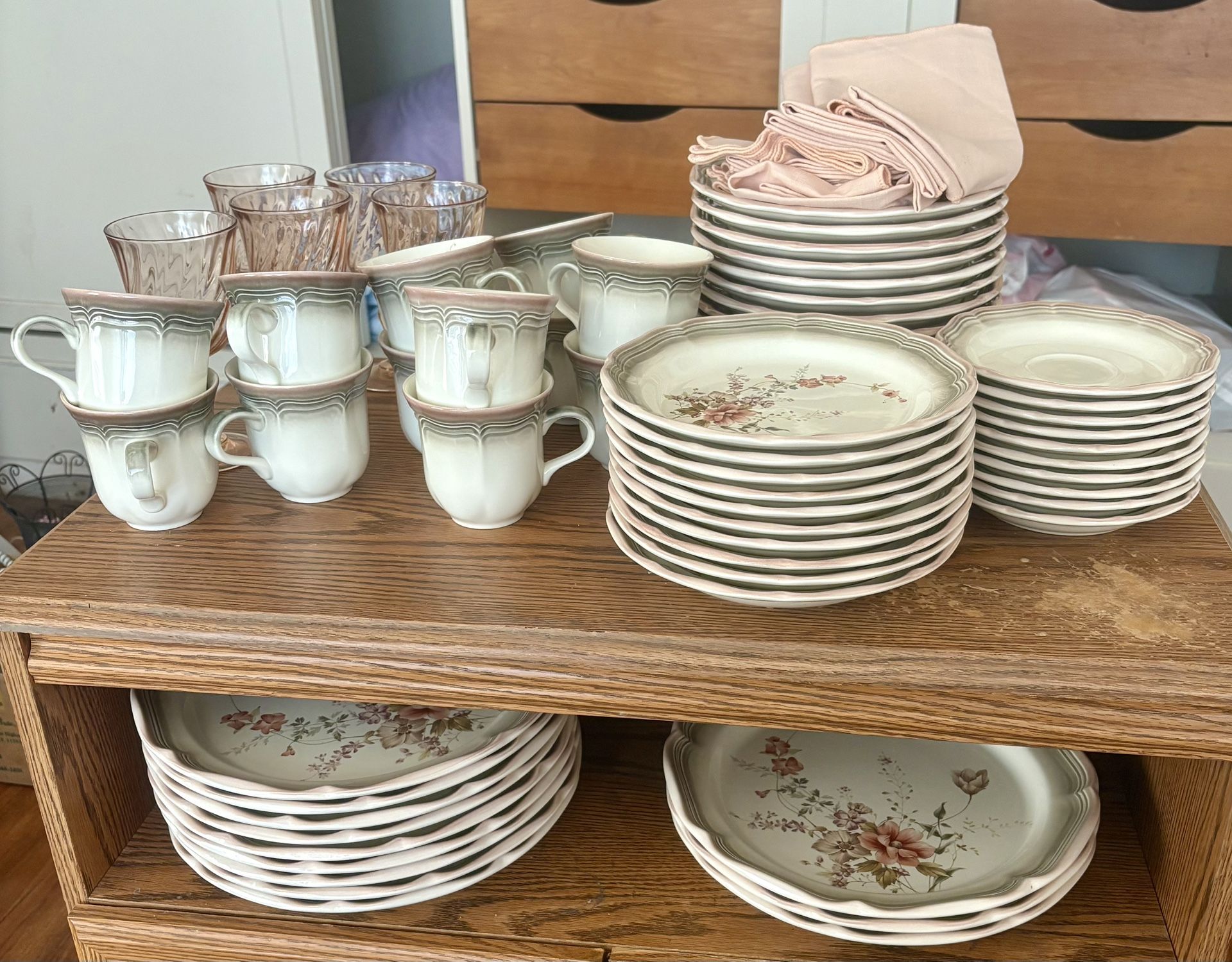 Complete Vintage Mikasa Country Estate Dinnerware Set + Arcoroc Rosaline Goblets