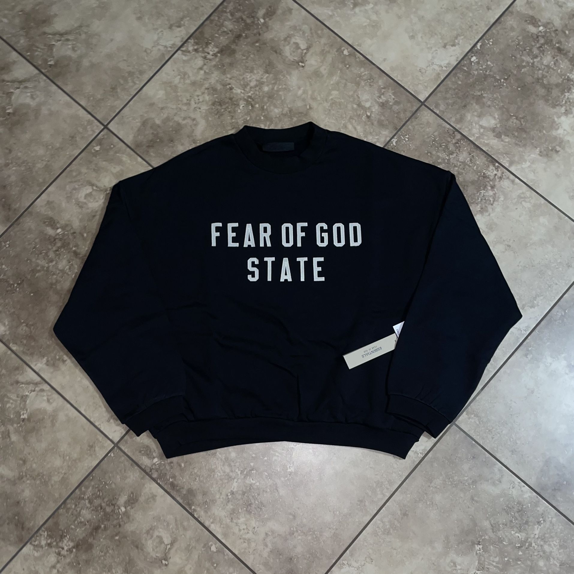 Fear of God Essentials 90’s Fleece Crewneck Jet Black (With Pockets) Size XL