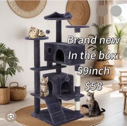 😀 Cat Tree Cat Tower with Scratching Ball, Plush Cushion, Ladder and Condos for Indoor Cats, Gray 59inch