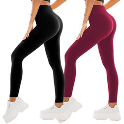 SINOPHANT High Waisted Leggings For Women - 2 Packs Buttery Soft Yoga Pants For Workout Athletic Black Wine Red Small Medium