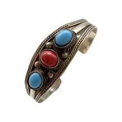 Southwestern Three Stones Unisex Cuff - Silver Plated Glass Cabochons Traditional Bracelet - Artisan Boho Hippie Jewelry 