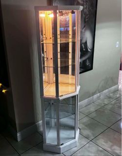 Hexagonal Glass Display Cabinet With Light & Mirrored-Back 70”H