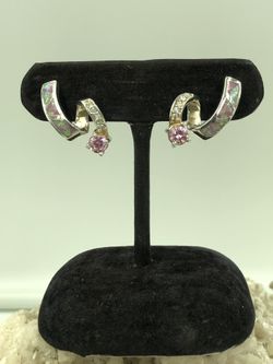 Silver Plated Pattern Inlaid Opal & CZ Ribbon Curl Design Earrings