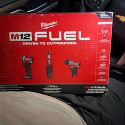  M12 FUEL 12V Lithium-Ion Cordless Drill Driver, Impact Wrench, and Ratchet Combo Kit (3-Tool) w/Batteries, Charger & Bag