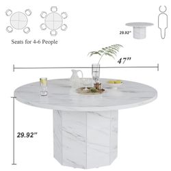 HSH Round Dining Table for 4-6, 47” White Faux Marble Dinner Table only, Modern Circle Kitchen Table for Home Living Room, Industrial Wood Dining Room