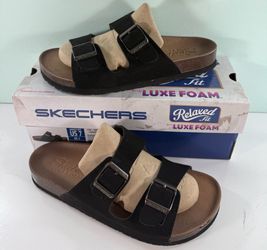 SKECHERS Women's Memory Foam 2-Straps Slides In - Black