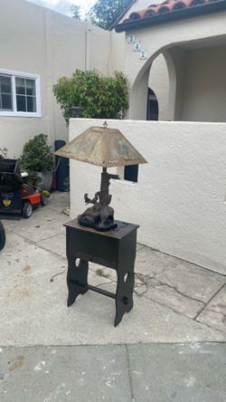 Vintage Sculptural Table Lamp with Metal Shade and vintage side table working well great condition antique lamp