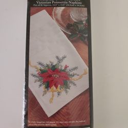 Bucilla Christmas Victorian Poinsettia Napkins Set Of 8 Stamped Embroidery Kit