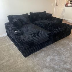 Black Sofa - Double Chaise Sofa Sectional - Black Fur Like Corduroy Fabric