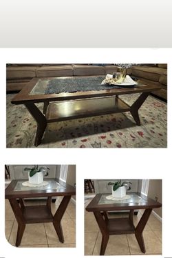 Dark Wood Coffee Table and End Table Set with Glass Inserts