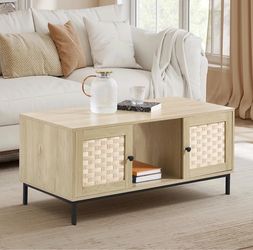 100% brand new in box 42” wood coffee table with storage and 2 sliding doors