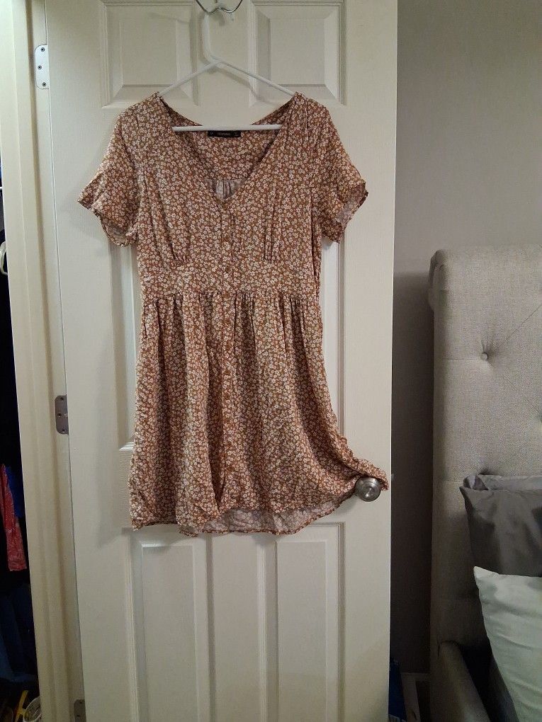 White Flowered Caramel Colored Summer Dress
