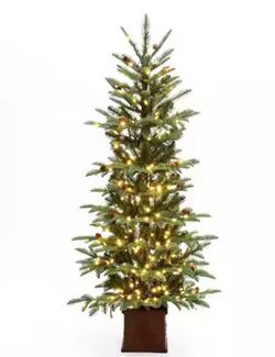 5 ft. PreLit Pine Artificial Christmas Tree with Pinecones and Black Square Planter Pot