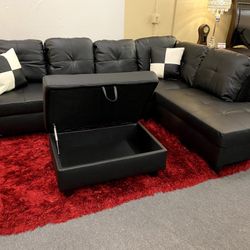Black 3PCS Sectional W/Storage Ottoman (Right Chaise)📦 Save $350👍90 days FREE FINANCING ❗NO CREDIT CHECK❗ 