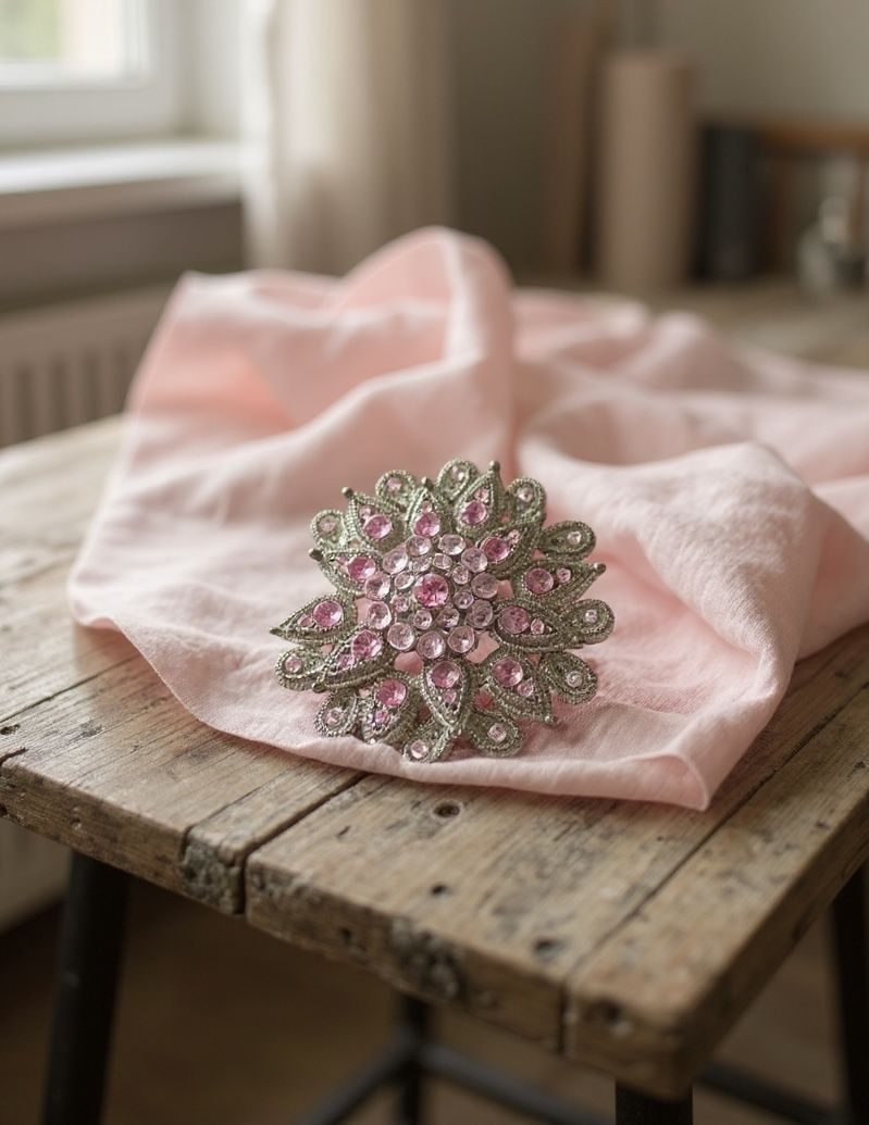Vintage 1960s Silver-Tone Pink Rhinestone Flower Brooch, 1.75” DAMAGED