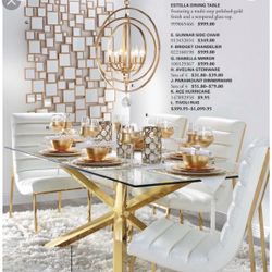 Modern glam Z Gallerie dining table with gold base, 4 chairs, bench & matching coffee table. Gorgeous set, gently used, looks stunning in any space! ✨