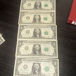 5 $1 Bills FANCY Serial 777 444 + CONSECUTIVE Set UNC Notes Lot