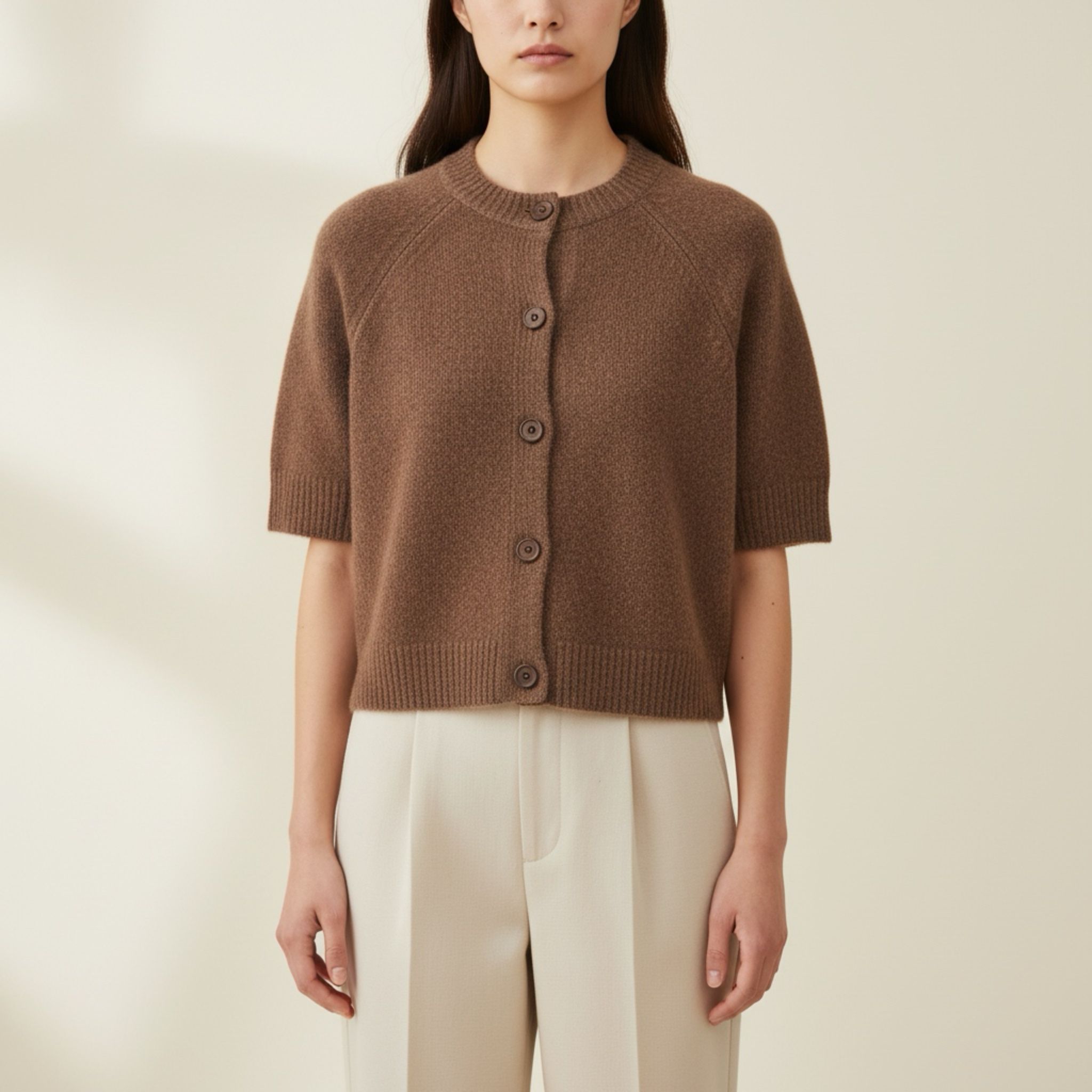 Short-Sleeve Brown Button Cardigan – Like New