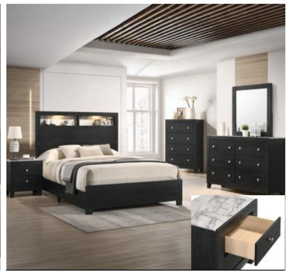 4- Pc Bedroom set Dresser,Mirror  Nightstand (1) Queen size bed frame  Not including Mattress and Box Sp