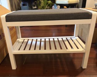 White Wood Bench with Cushion and Shelf