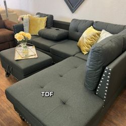Brand New Charcoal Linen Sectional Sofa +Storage Ottoman (New In Box) 