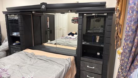 Dark Grey Wood Queen Bed Headboard Wall Unit