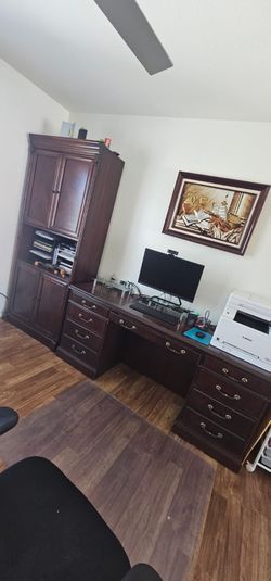 Sauder Heritage Hill Executive Desk with filing cabinets and drawers