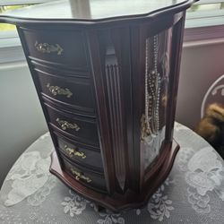 $45.00 - 16" Jewelry Armoire, Tabletop/Rotates!  Etched Glass/Mirrors/Gorgeous Mahagony Color/Lots Of Drawers & Hanging Sections! "Like New"