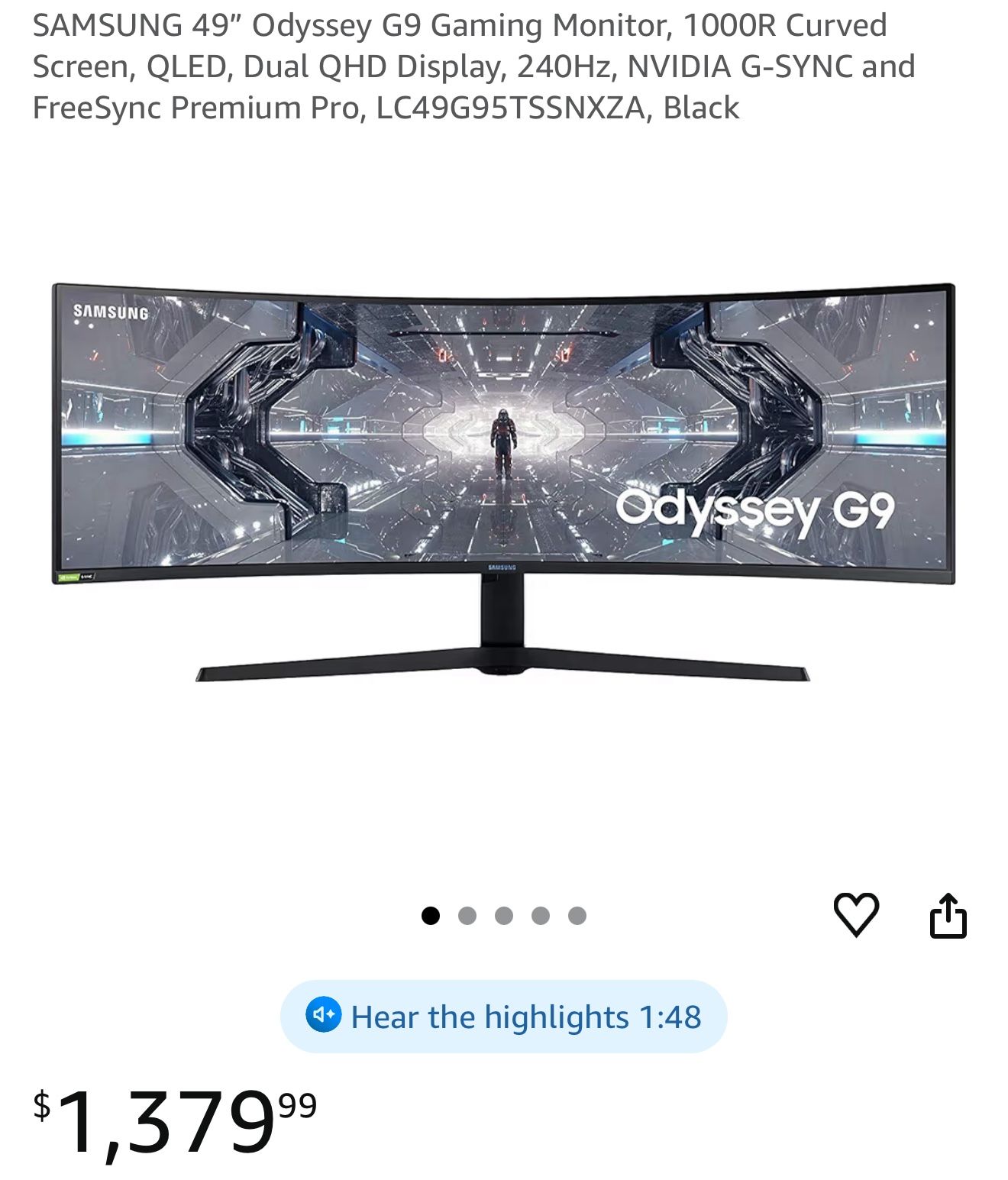 SAMSUNG 49” Odyssey G9 Gaming Monitor Curved Screen, 240hz 5120x1440