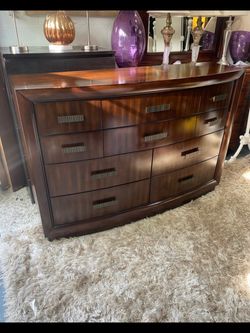 Dark Wood Double Dresser with Metal Handles