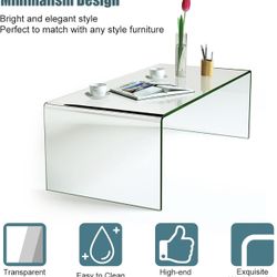 Glass Coffee Table Modern Clear Tempered with Round Edges Contemporary Glossy Weather Resistant