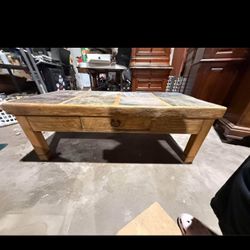 Vtg Rustic oak and slate tile coffee table