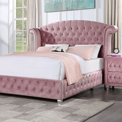GLAM STYLE PINK VELVET FULL SIZE BED FRAME WINGBACK CRYSTAL LIKE BUTTONS CAMA ROSADA