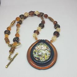 handmade glass brown and multi color pendant beaded necklace