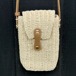 Aerie Rattan Phone Bag in Cream with Tan Trim