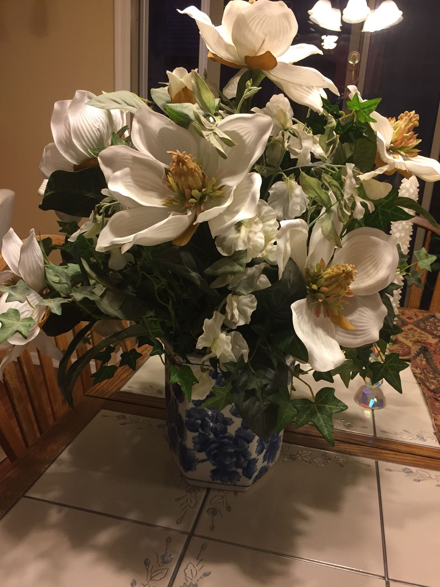 Silk flower arrangement in Dutch blue & white vase