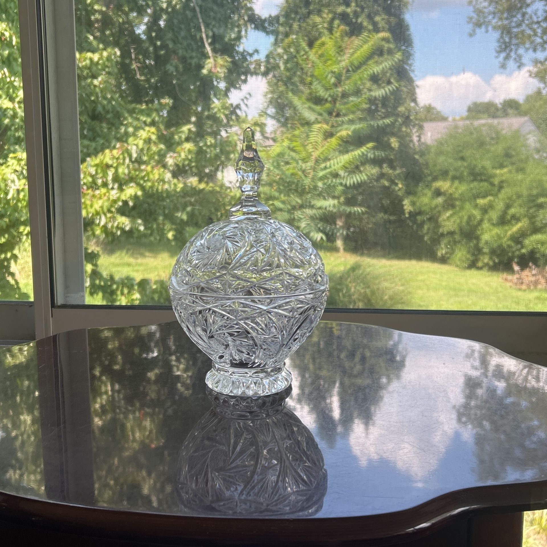 Vintage Lead Crystal Floral Etched Clear Glass Candy Dish 10.5 Inch tall