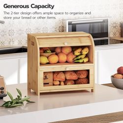 Bread Box, Bamboo Bread Box for Kitchen Countertop, 2 Tier Roll-Top Bread Bin, Food Storage Box, Large Capacity Keeper, Wooden Storage Cabinet, for Ki