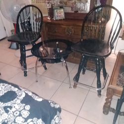 Two Bar Stools And Glass Table 
