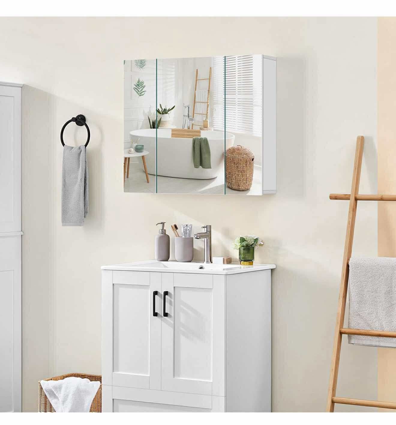 Mirror Cabinet with 3 Doors, Wall Mounted Medicine Cabinet with Adjustable Shelf, White K-24